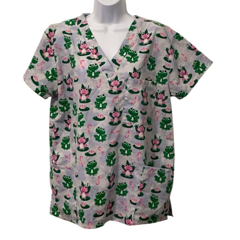 Samantha Mara Womens Medical Scrub Size L White Green Frogs Pink Ribbons Pockets